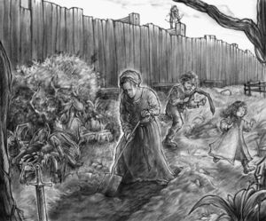 An archer stands on a tall wall, overlooking children; one child chases another with some creature's clawed leg. The creature lies dead in a nearby bush. Beside it, a woman digs a grave with a sword at the head.
